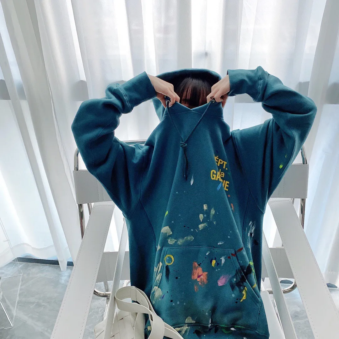 Same style as Bai Jingting Gallery Dept. French Logo Hoodie Splashed ink French basic logo hoodie Vintage splashed ink washed distressed sweatshirt Lake green S-XL